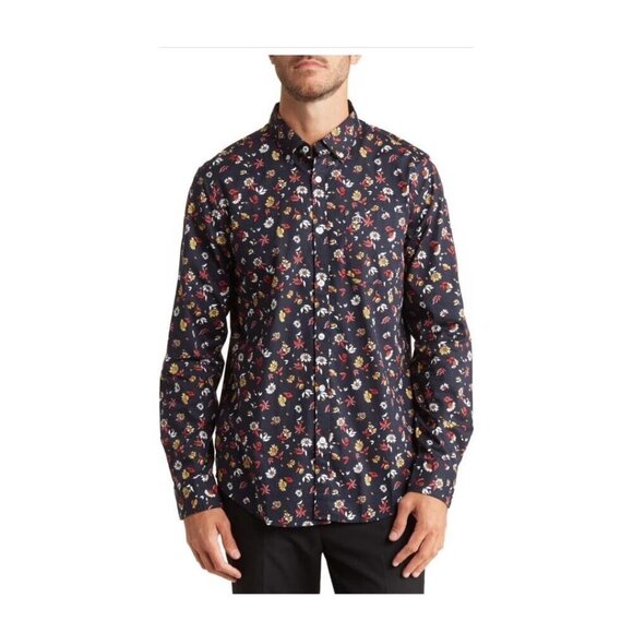 Original Penguin Mens Blue Floral Long Sleeve Collared Button Up Shirt Sz L New - Picture 1 of 10